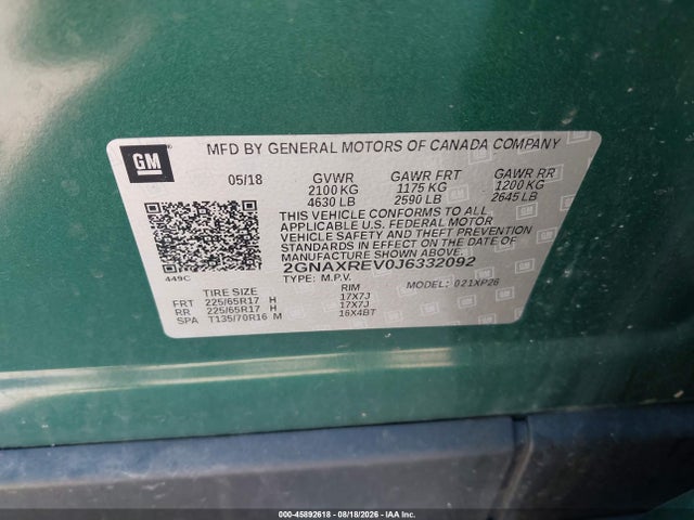 2018 Chevrolet Equinox Ls მანქანა იყიდება აუქციონზე, vin: 2GNAXREV0J6332092, აუქციონის ნომერი: 45892618