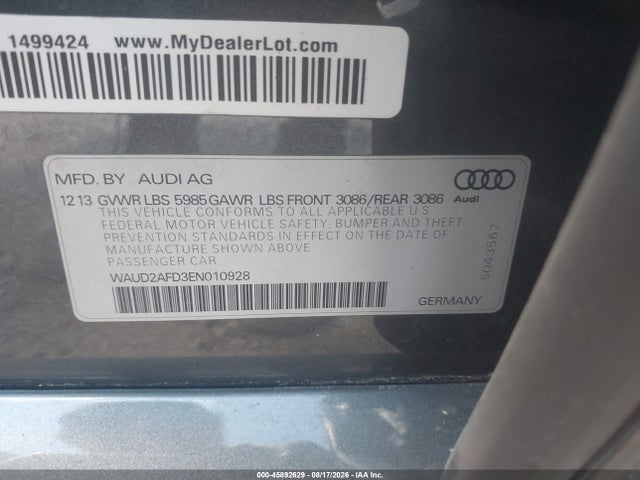 2014 Audi S8 4.0t მანქანა იყიდება აუქციონზე, vin: WAUD2AFD3EN010928, აუქციონის ნომერი: 45892629