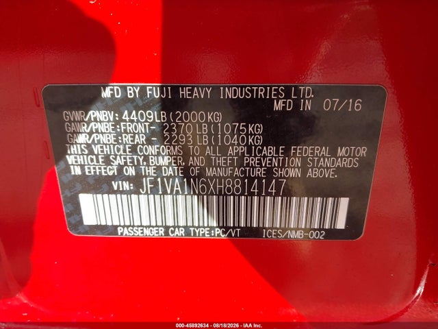 45892634 :رقم المزاد ، JF1VA1N6XH8814147 vin ، 2017 Subaru Wrx Limited مزاد بيع