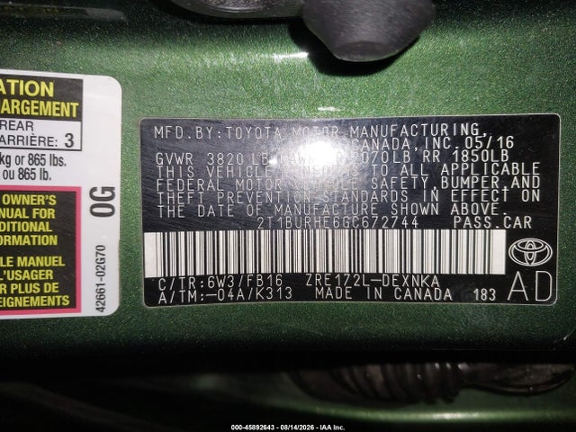Aukcja sprzedaży 2016 Toyota Corolla Le, vin: 2T1BURHE6GC672744, numer aukcji: 45892643