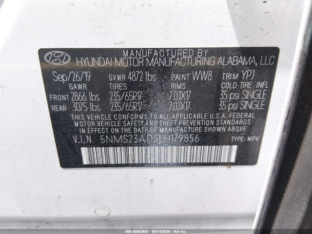 Продажа на аукционе авто 2020 Hyundai Santa Fe Se, vin: 5NMS23AD5LH179856, номер лота: 45892667