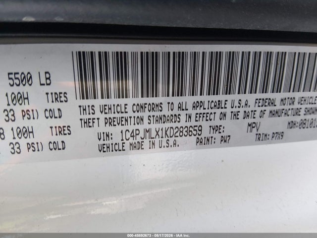Aukcja sprzedaży 2019 Jeep Cherokee Altitude 4x4, vin: 1C4PJMLX1KD283659, numer aukcji: 45892673