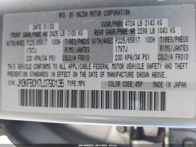 Aukcja sprzedaży 2020 Mazda Cx-5 Touring, vin: JM3KFBCM7L0790135, numer aukcji: 45892675