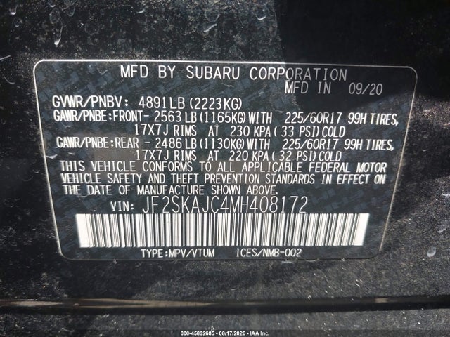 45892685 :رقم المزاد ، JF2SKAJC4MH408172 vin ، 2021 Subaru Forester Premium مزاد بيع