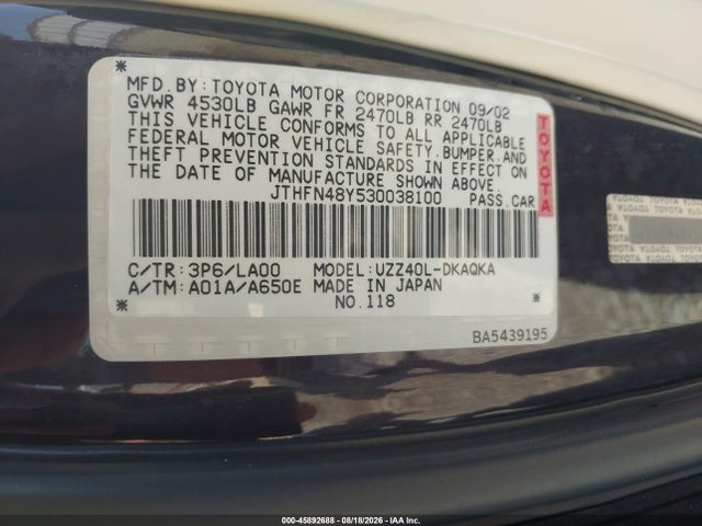 45892688 :رقم المزاد ، JTHFN48Y530038100 vin ، 2003 Lexus Sc 430 مزاد بيع