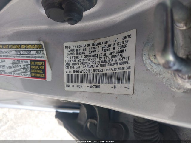 Продажа на аукционе авто 2008 Honda Civic Lx, vin: 1HGFA16518L102483, номер лота: 45892691