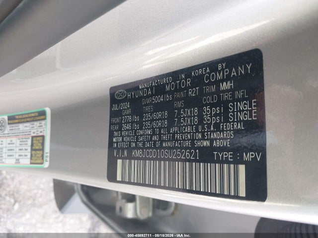 Продажа на аукционе авто 2025 Hyundai Tucson Hybrid Sel Convenience, vin: KM8JCDD10SU252621, номер лота: 45892711