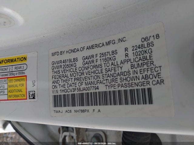 45892712 :رقم المزاد ، 1HGCV3F58JA007794 vin ، 2018 Honda Accord Hybrid Ex-l مزاد بيع