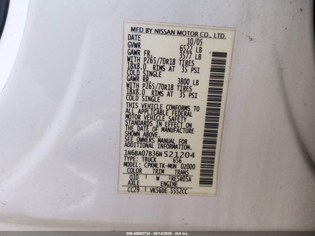 2006 Nissan Titan Se მანქანა იყიდება აუქციონზე, vin: 1N6BA07B36N521204, აუქციონის ნომერი: 45892724