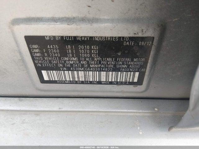 2013 Subaru Legacy 2.5i Premium მანქანა იყიდება აუქციონზე, vin: 4S3BMCG64D3014822, აუქციონის ნომერი: 45892740