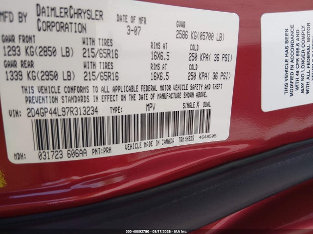 2007 Dodge Grand Caravan Sxt მანქანა იყიდება აუქციონზე, vin: 2D4GP44L97R313234, აუქციონის ნომერი: 45892750