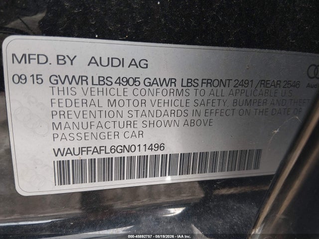 45892757 :رقم المزاد ، WAUFFAFL6GN011496 vin ، 2016 Audi A4 Premium Plus مزاد بيع