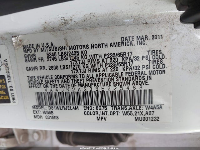 Продажа на аукционе авто 2011 Mitsubishi Endeavor, vin: 4A4JN2AS3BE025488, номер лота: 45892760