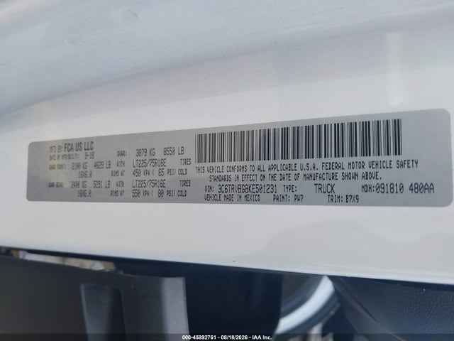 Aukcja sprzedaży 2019 Ram Promaster 1500 High Roof 136 Wb, vin: 3C6TRVBG8KE501231, numer aukcji: 45892761