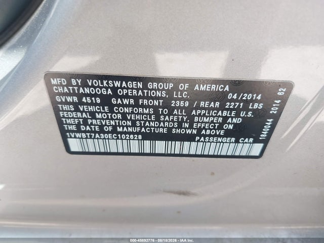 Продаж на аукціоні авто 2014 Volkswagen Passat 1.8t Sport, vin: 1VWBT7A30EC102628, номер лоту: 45892776