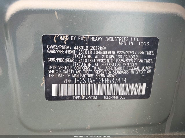 2014 Subaru Forester 2.5i Premium მანქანა იყიდება აუქციონზე, vin: JF2SJAEC2EH537414, აუქციონის ნომერი: 45892777