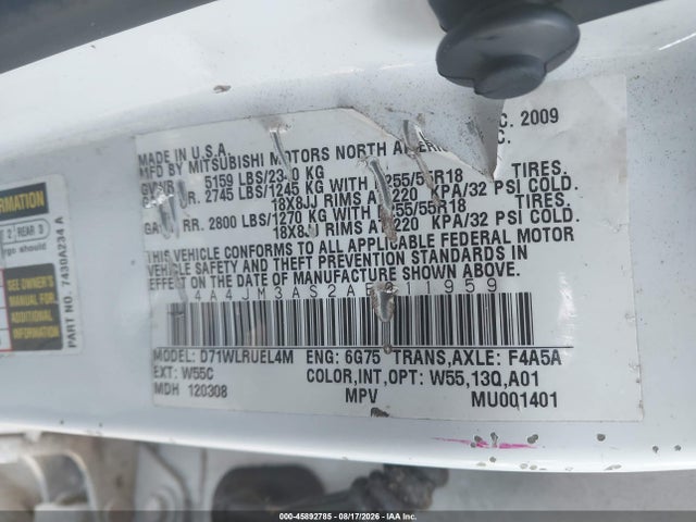 Продажа на аукционе авто 2010 Mitsubishi Endeavor Se, vin: 4A4JM3AS2AE011959, номер лота: 45892785