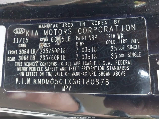45892789 :رقم المزاد ، KNDMC5C1XG6180878 vin ، 2016 Kia Sedona Ex مزاد بيع