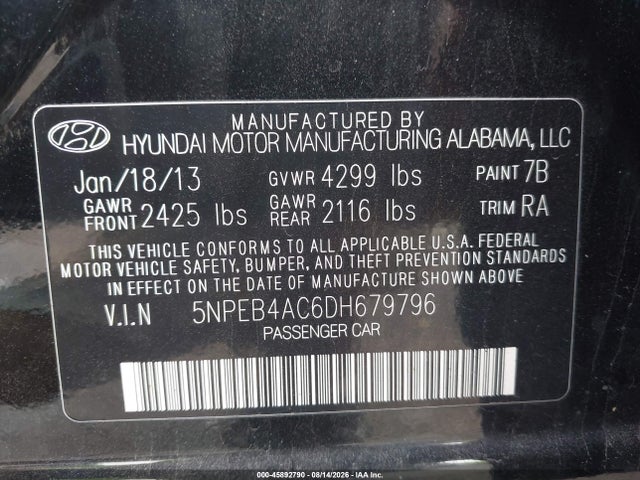 Продаж на аукціоні авто 2013 Hyundai Sonata Gls, vin: 5NPEB4AC6DH679796, номер лоту: 45892790