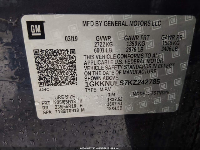 45892793 :رقم المزاد ، 1GKKNULS7KZ242785 vin ، 2019 Gmc Acadia Slt-1 مزاد بيع