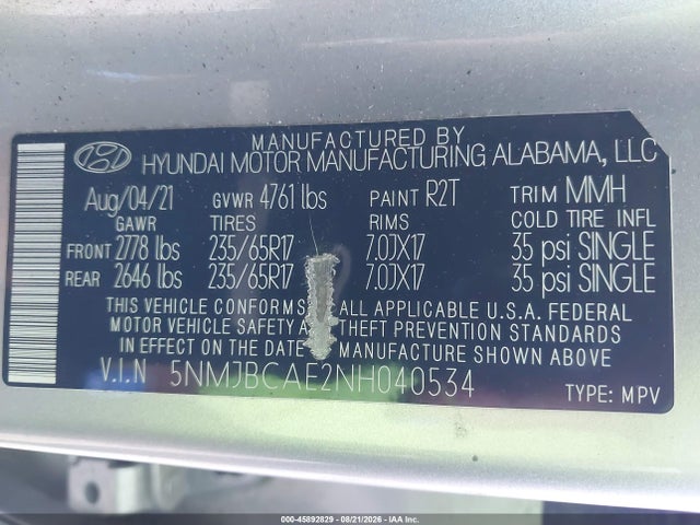 Продажа на аукционе авто 2022 Hyundai Tucson Sel, vin: 5NMJBCAE2NH040534, номер лота: 45892829
