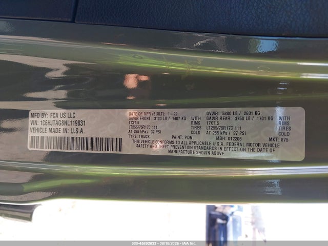 45892833 :رقم المزاد ، 1C6HJTAG8NL119831 vin ، 2022 Jeep Gladiator Sport مزاد بيع