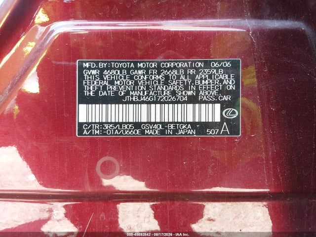 45892842 :رقم المزاد ، JTHBJ46G172026704 vin ، 2007 Lexus Es 350 مزاد بيع