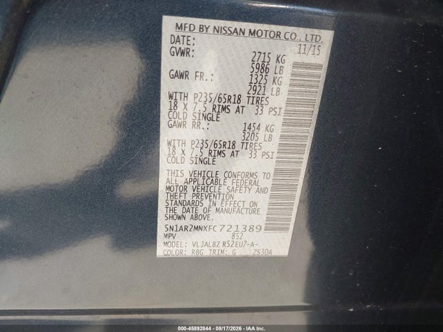 Aukcja sprzedaży 2015 Nissan Pathfinder S, vin: 5N1AR2MNXFC721389, numer aukcji: 45892844