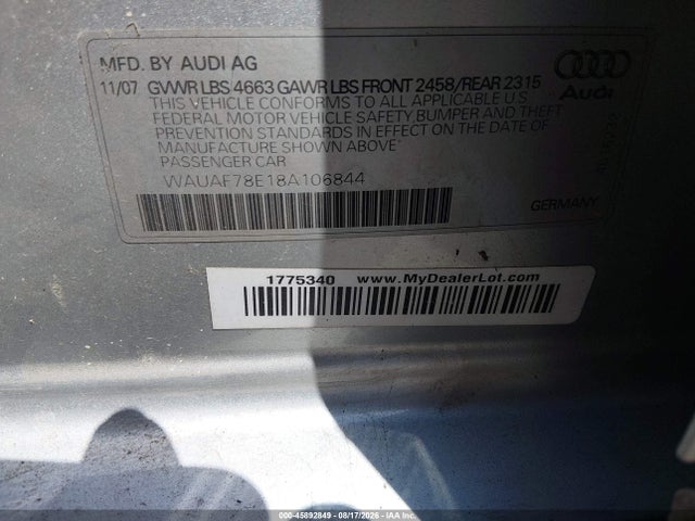 2008 Audi A4 2.0t მანქანა იყიდება აუქციონზე, vin: WAUAF78E18A106844, აუქციონის ნომერი: 45892849