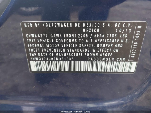 2014 Volkswagen Jetta 1.8t Se მანქანა იყიდება აუქციონზე, vin: 3VWD17AJ8EM381936, აუქციონის ნომერი: 45892851