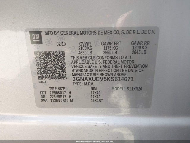 Aukcja sprzedaży 2019 Chevrolet Equinox Lt, vin: 3GNAXUEV5KS614671, numer aukcji: 45892859