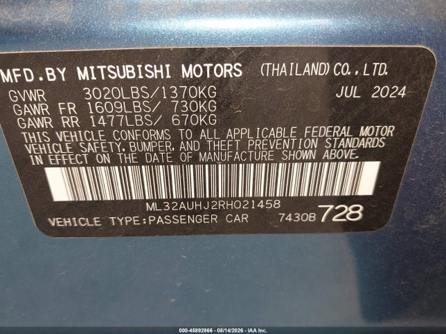 45892866 :رقم المزاد ، ML32AUHJ2RH021458 vin ، 2024 Mitsubishi Mirage Es/le مزاد بيع