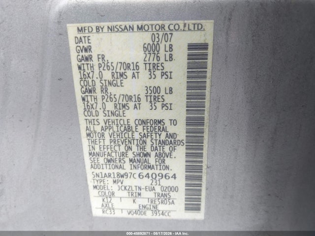 2007 Nissan Pathfinder Se მანქანა იყიდება აუქციონზე, vin: 5N1AR18W97C640964, აუქციონის ნომერი: 45892871