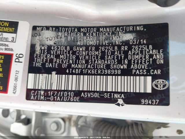 45892875 :رقم المزاد ، 4T4BF1FK6ER398998 vin ، 2014 Toyota Camry Le مزاد بيع