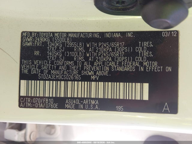 45892885 :رقم المزاد ، 5TDZA3EH9CS026165 vin ، 2012 Toyota Highlander مزاد بيع