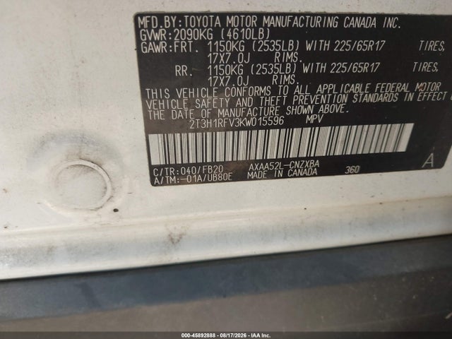 Aukcja sprzedaży 2019 Toyota Rav4 Le, vin: 2T3H1RFV3KW015596, numer aukcji: 45892888