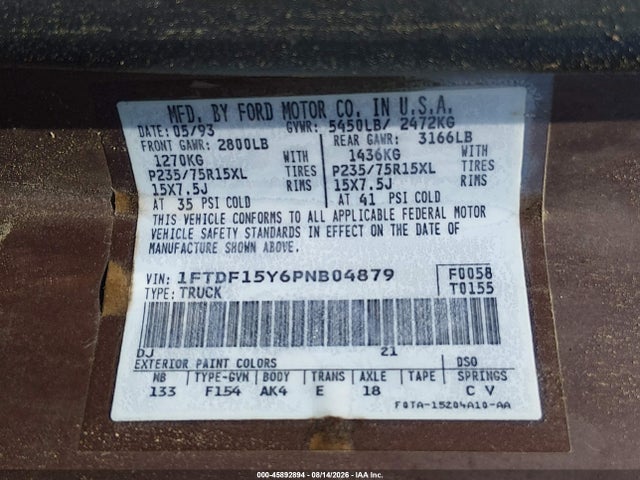 Продажа на аукционе авто 1993 Ford F150, vin: 1FTDF15Y6PNB04879, номер лота: 45892894