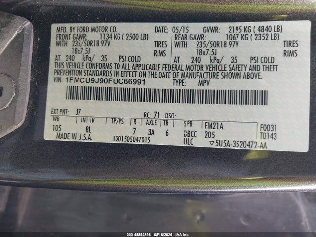 45892898 :رقم المزاد ، 1FMCU9J90FUC66991 vin ، 2015 Ford Escape Titanium مزاد بيع