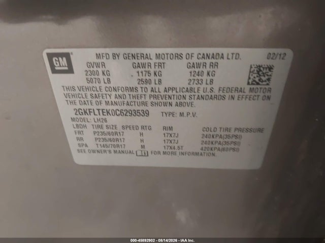 45892902 :رقم المزاد ، 2GKFLTEK0C6293539 vin ، 2012 Gmc Terrain Sle-2 مزاد بيع