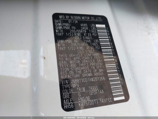 45892903 :رقم المزاد ، JN8BT3DD1RW251266 vin ، 2024 Nissan Rogue Platinum Intelligent Awd مزاد بيع