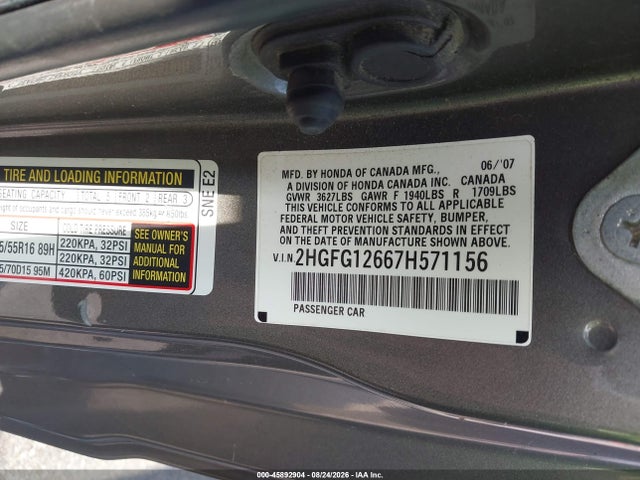 Aukcja sprzedaży 2007 Honda Civic Lx, vin: 2HGFG12667H571156, numer aukcji: 45892904