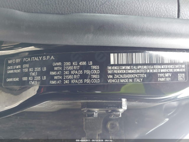 2019 Jeep Renegade Upland 4x4 მანქანა იყიდება აუქციონზე, vin: ZACNJBAB6KPK77874, აუქციონის ნომერი: 45892911