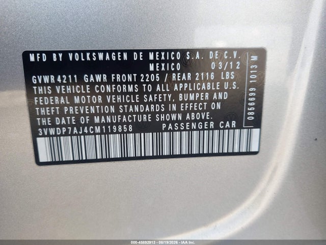 Aukcja sprzedaży 2012 Volkswagen Jetta 2.5l Se, vin: 3VWDP7AJ4CM119858, numer aukcji: 45892913