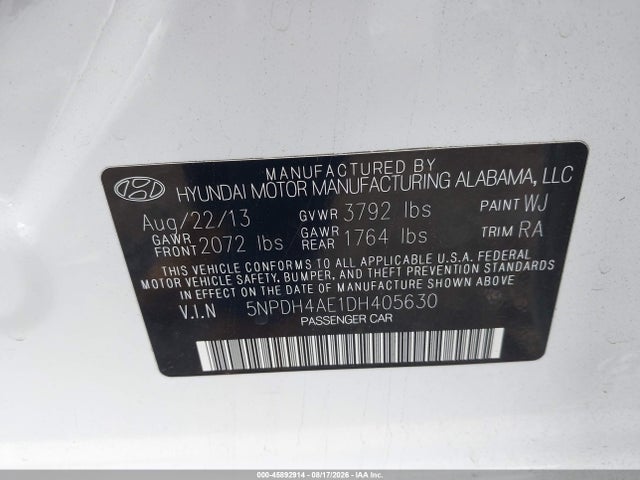 Aukcja sprzedaży 2013 Hyundai Elantra Gls, vin: 5NPDH4AE1DH405630, numer aukcji: 45892914