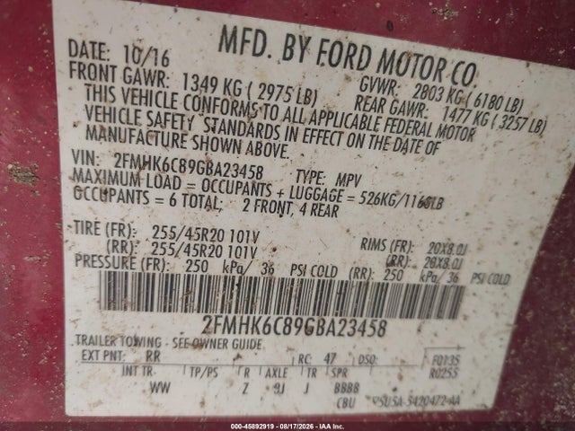 2016 Ford Flex Sel მანქანა იყიდება აუქციონზე, vin: 2FMHK6C89GBA23458, აუქციონის ნომერი: 45892919