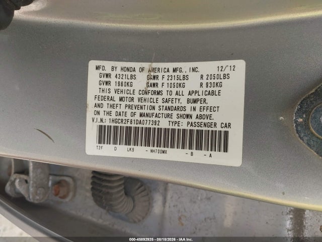 45892925 :رقم المزاد ، 1HGCR2F81DA077392 vin ، 2013 Honda Accord Ex-l مزاد بيع