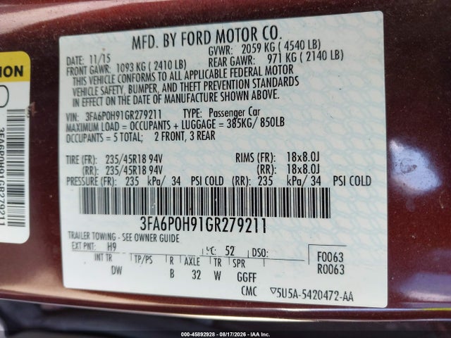 Продажа на аукционе авто 2016 Ford Fusion Se, vin: 3FA6P0H91GR279211, номер лота: 45892928