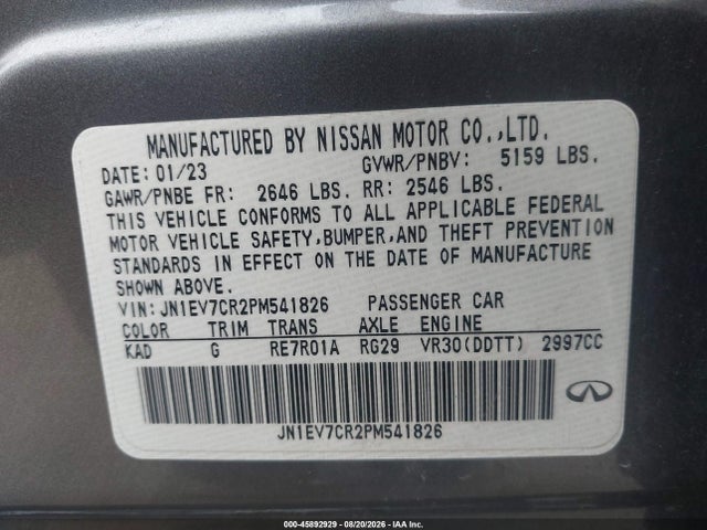 2023 Infiniti Q50 Sensory Awd მანქანა იყიდება აუქციონზე, vin: JN1EV7CR2PM541826, აუქციონის ნომერი: 45892929