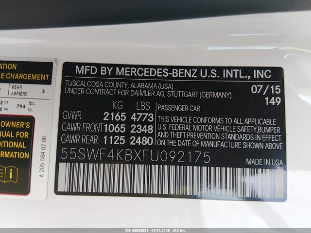 Aukcja sprzedaży 2015 Mercedes-benz C 300 4matic, vin: 55SWF4KBXFU092175, numer aukcji: 45892931