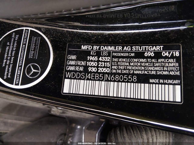 45892943 :رقم المزاد ، WDDSJ4EB5JN680558 vin ، 2018 Mercedes-benz Cla 250 مزاد بيع